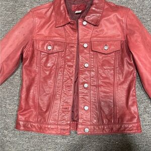 Women's Red Leather Jacket - Classic Button-Front